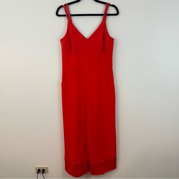 NWT Trina Turk Wide Leg Jumpsuit Poppy Red 8 Strappy V Neck Satin Trim Pockets - Picture 1 of 6